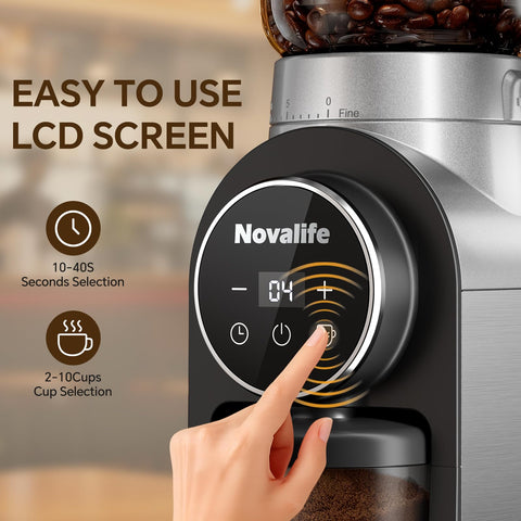 Novalife grinder with digital touch panel for easy time and cup settings