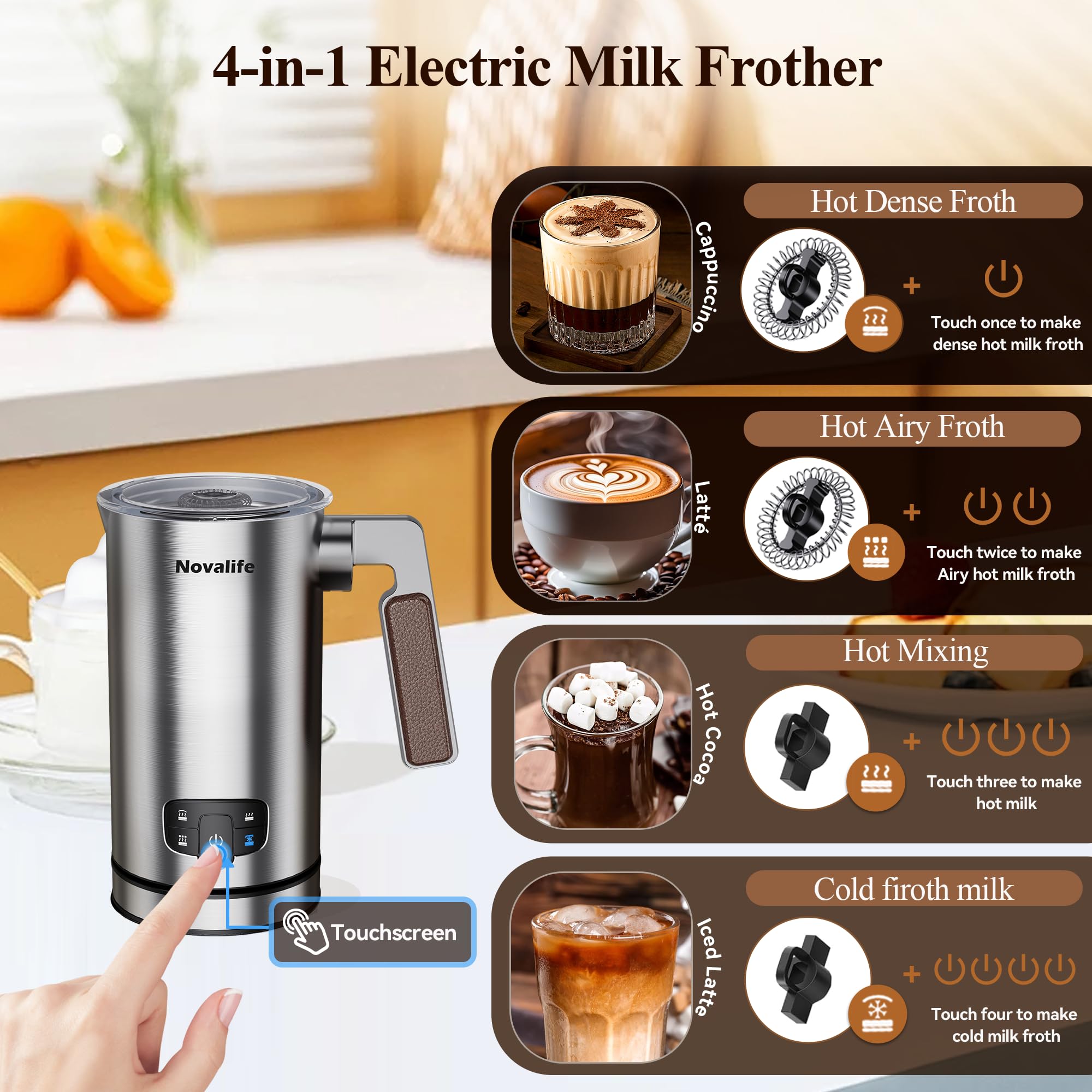 Novalife Milk Frother 4-in-1 airy hot foam ideal for cappuccinos