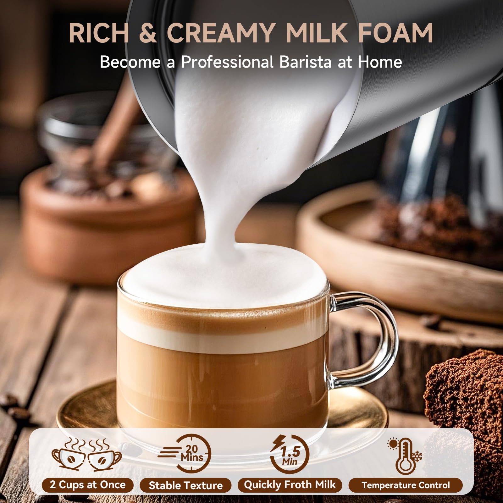 Novalife Milk Frother 4-in-1 heats milk to 158°F for hot beverages