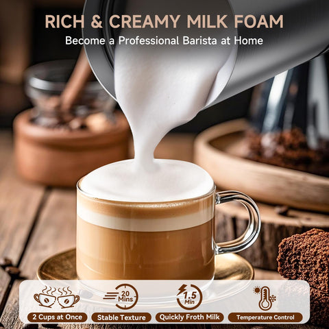 Novalife Milk Frother 4-in-1 heats milk to 158°F for hot beverages