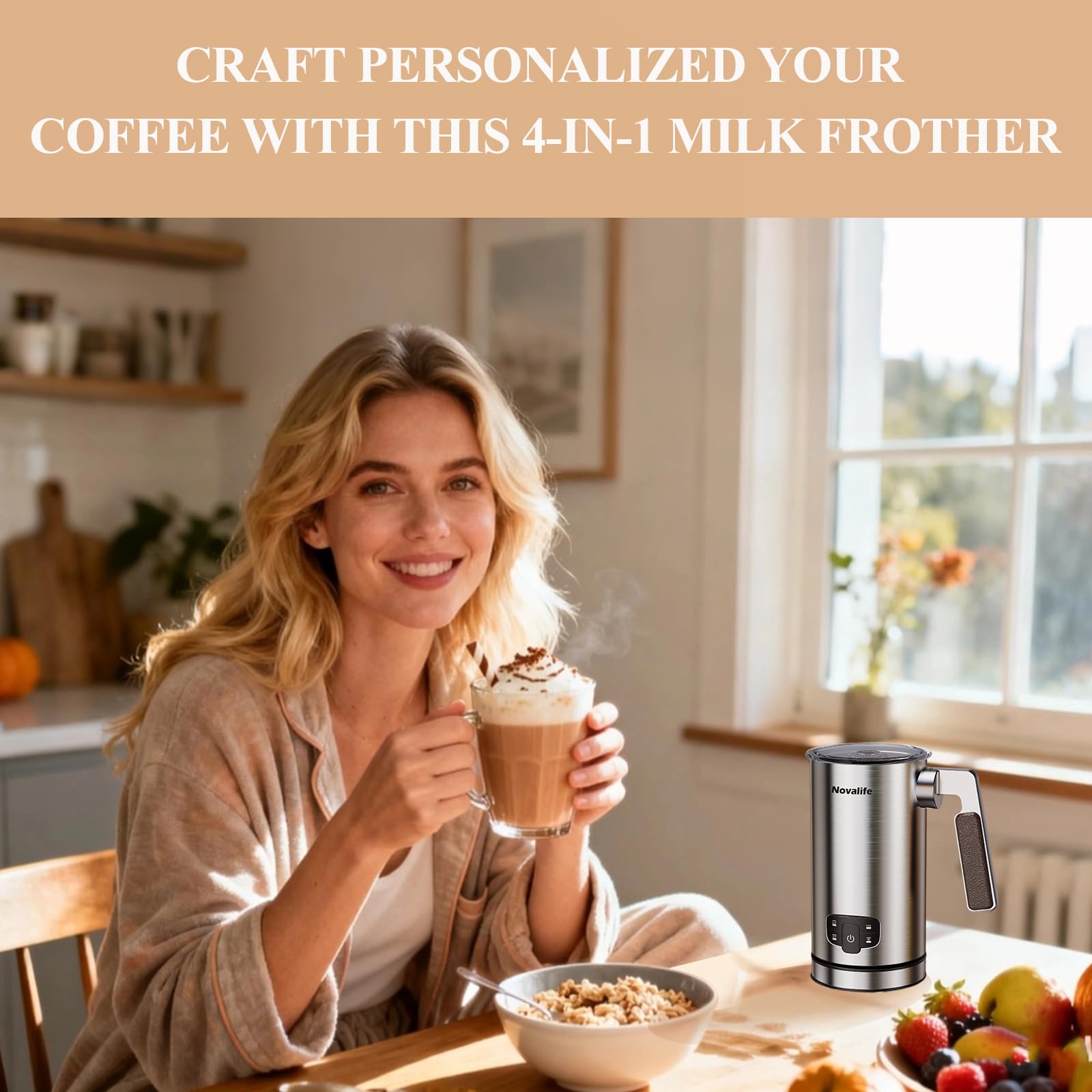 Novalife Milk Frother 4-in-1 compact, space-saving design