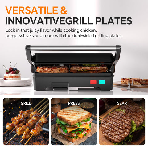 Novalife Panini Press Grill floating hinge adapts to thick or thin sandwiches.