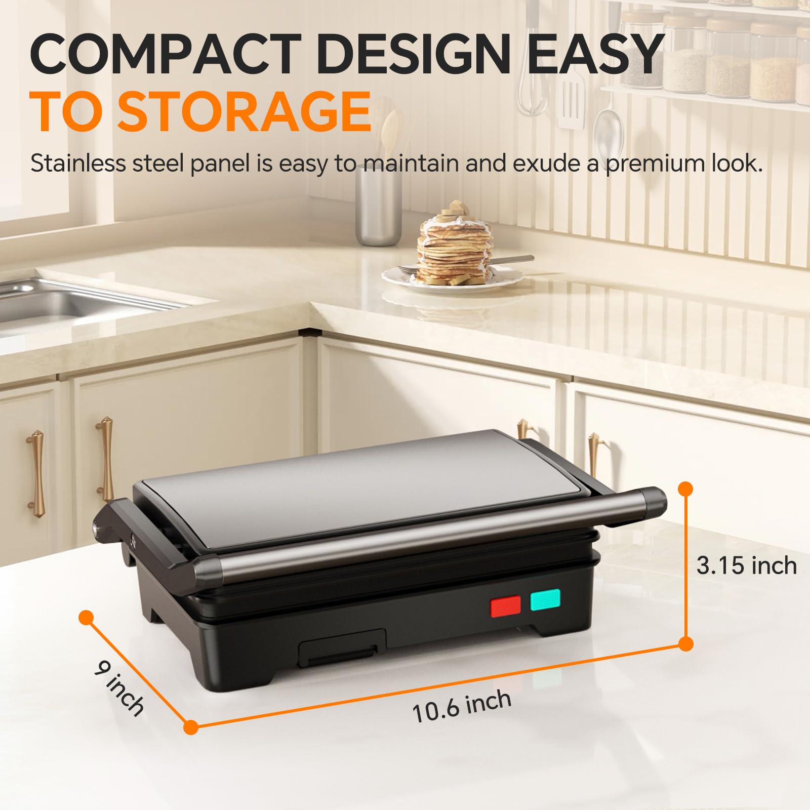 Novalife Panini Press Grill indicator lights show when power is on and ready to cook.