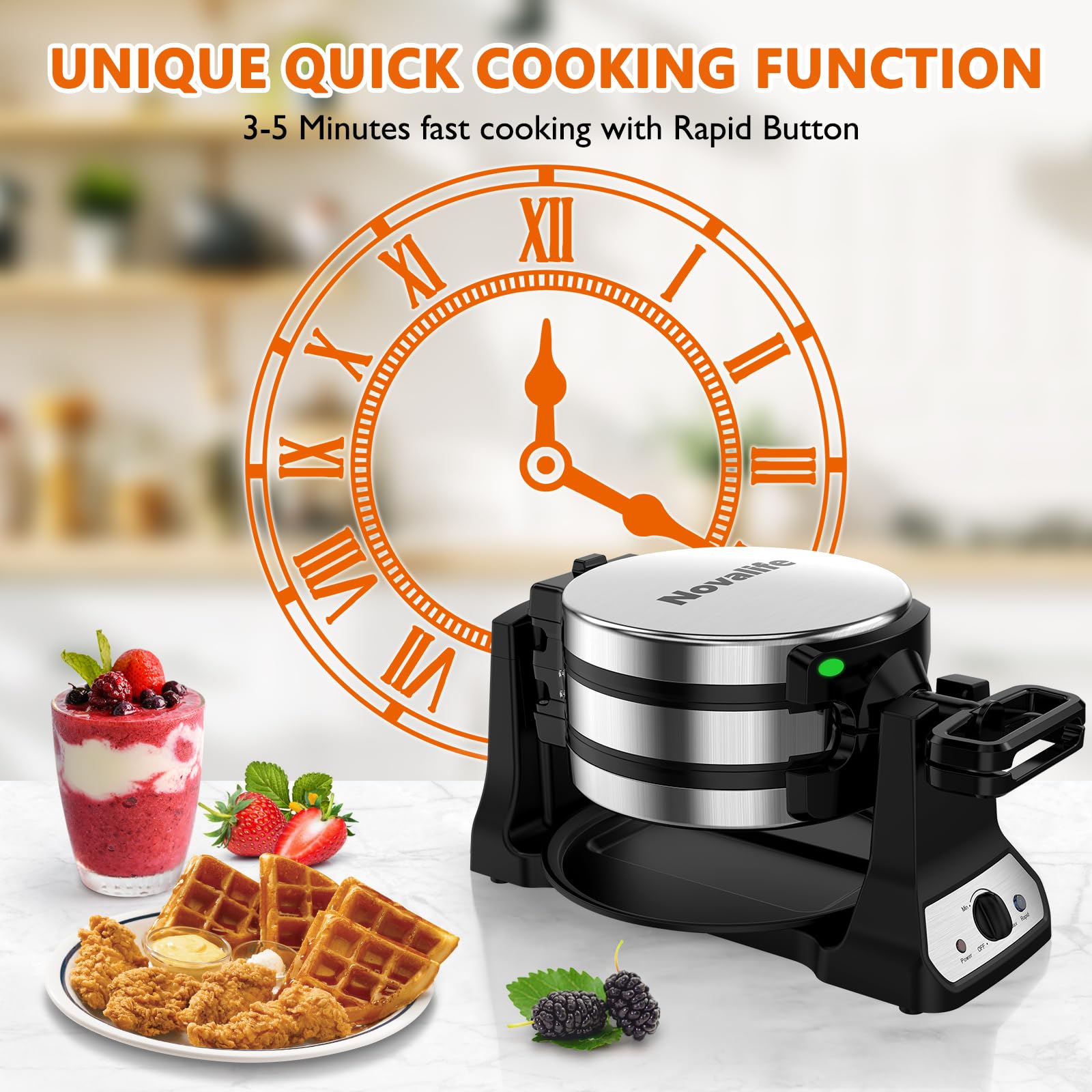 Novalife waffle-maker-180-degree-flip-system enables even batter spread.