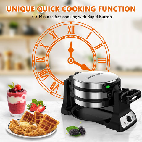 Novalife waffle-maker-180-degree-flip-system enables even batter spread.