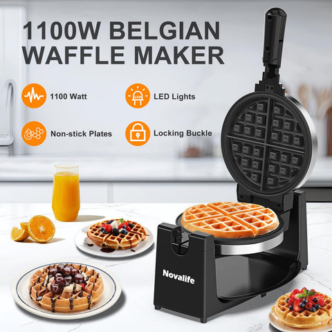 Novalife waffle maker 180° flip system ensures batter spreads evenly.