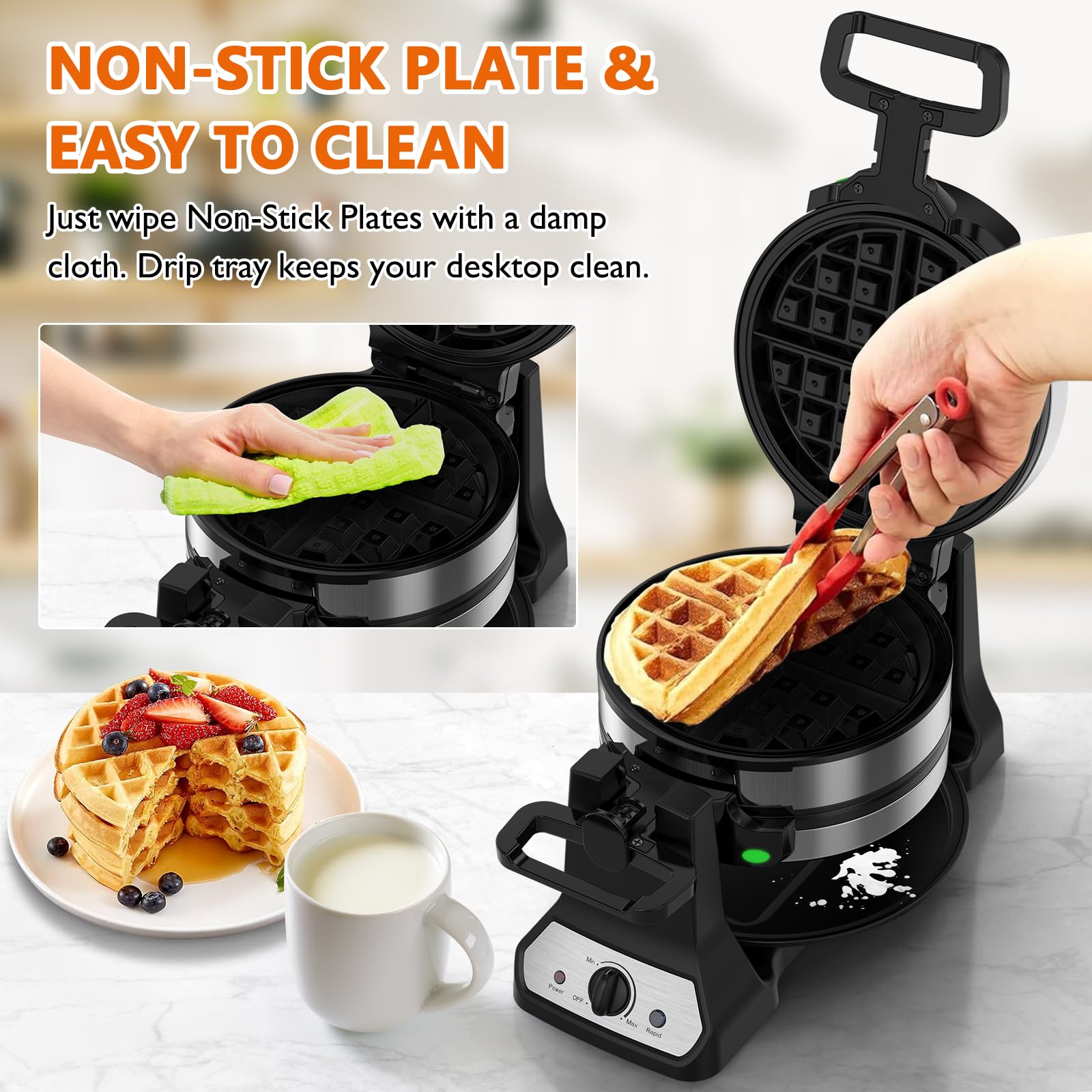Novalife waffle-maker-cool-touch-handle highlights safe operation.