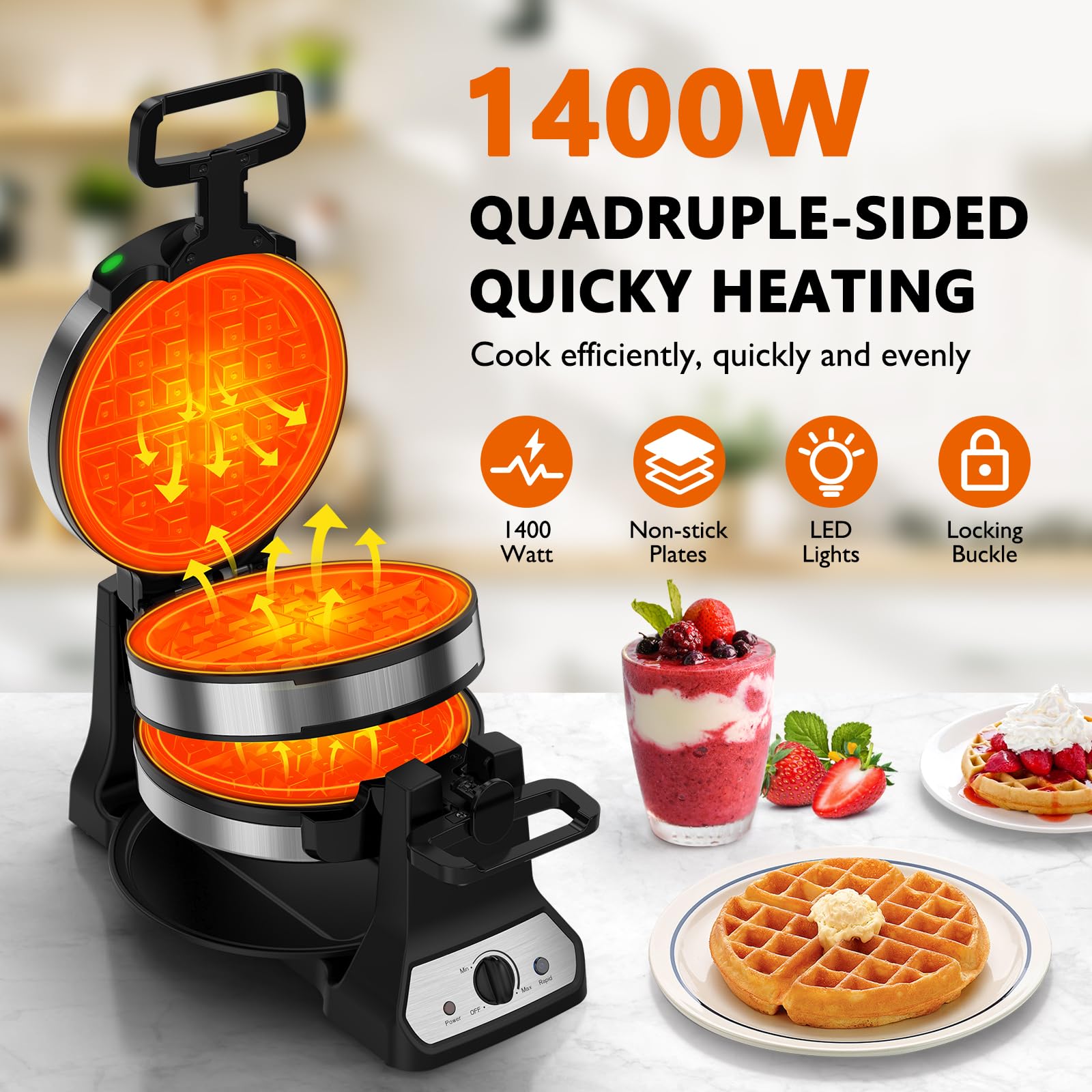 Novalife waffle-maker double-belgian-iron shows two large waffles at once.
