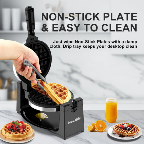 Novalife waffle maker foldable cool touch handle for safe, easy handling.