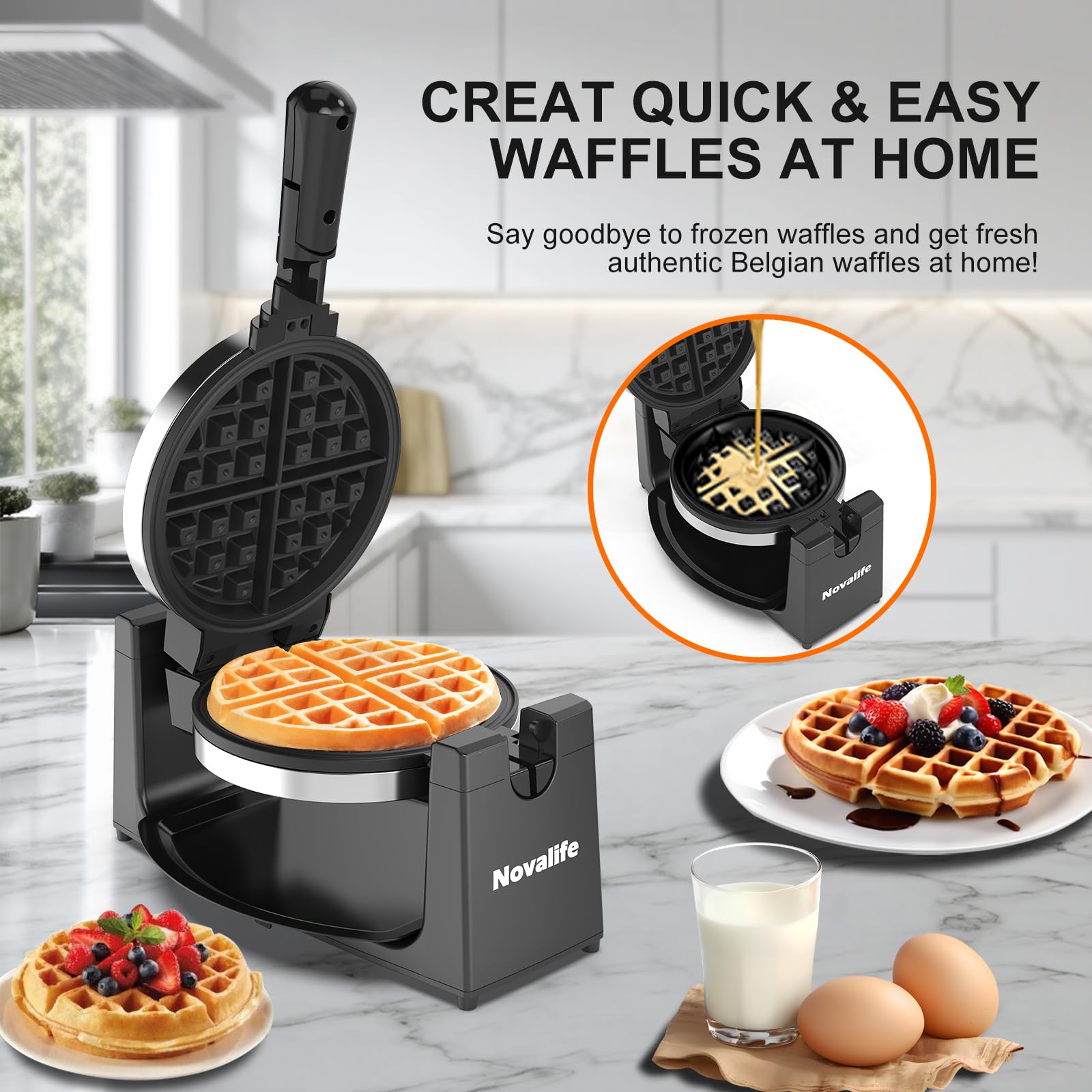 Novalife waffle maker non-stick plates release waffles cleanly.