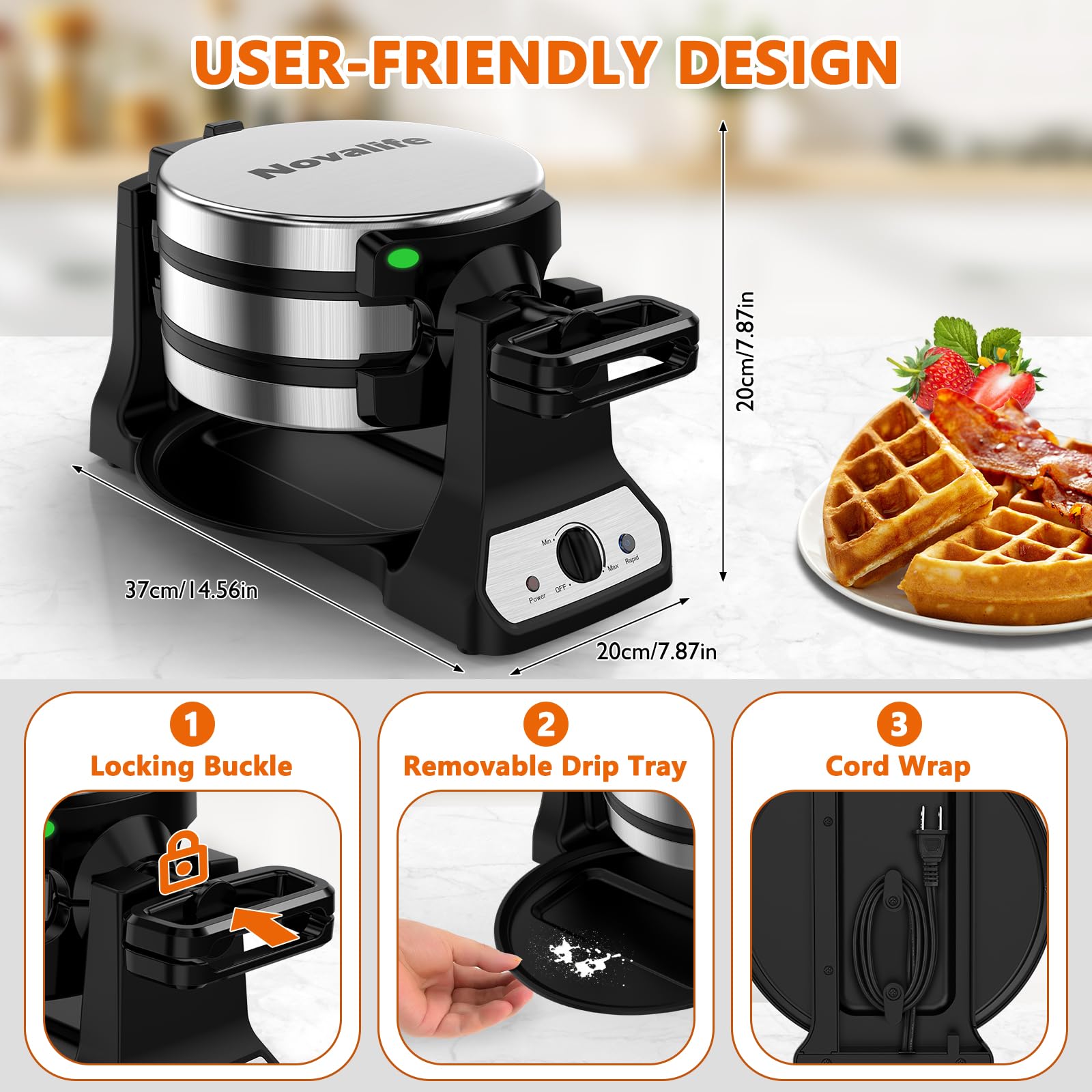 Novalife waffle-maker-removable-drip-tray for quick cleanups after cooking.
