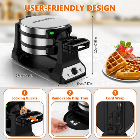 Novalife waffle-maker-removable-drip-tray for quick cleanups after cooking.