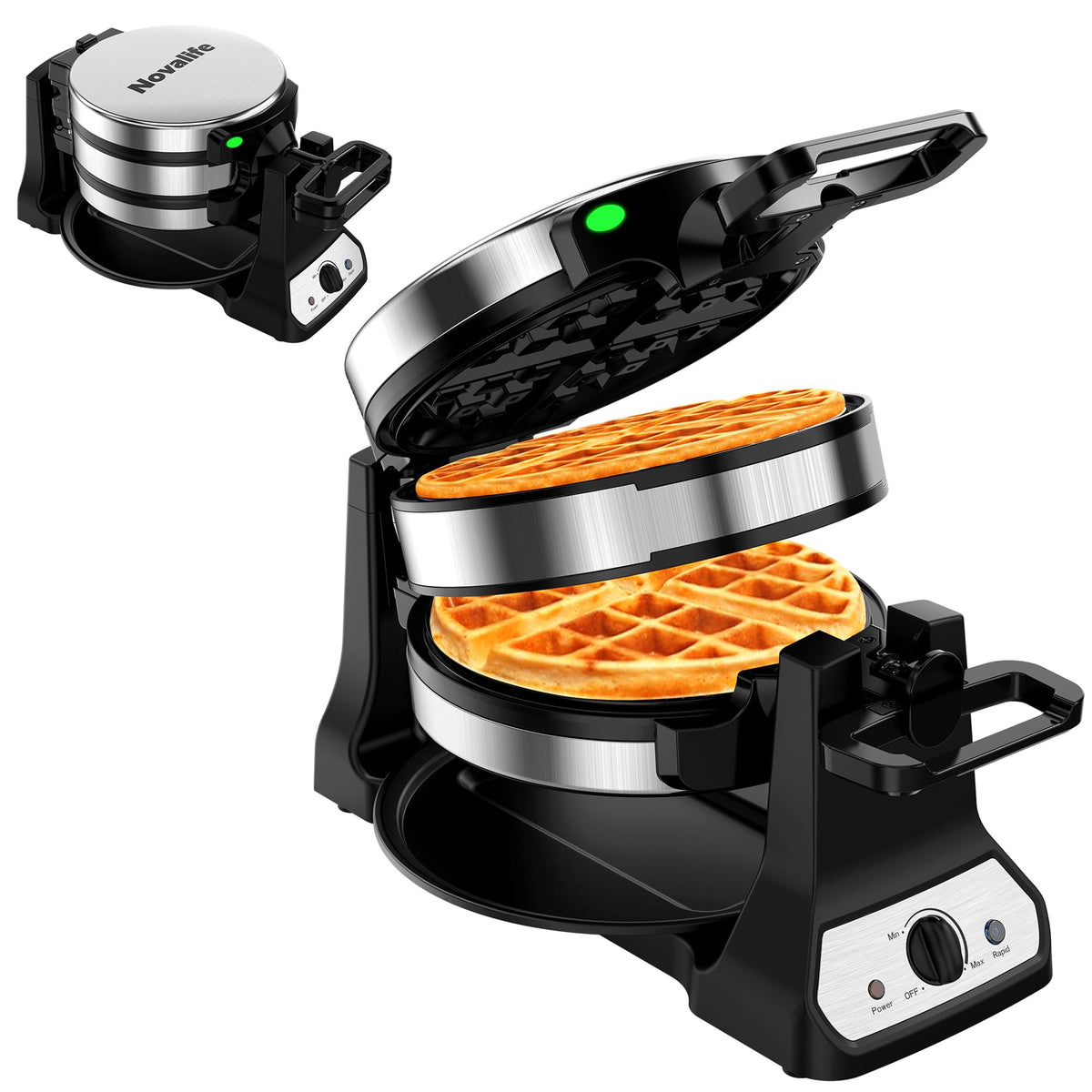 Novalife waffle-maker stainless-steel-body demonstrates durable, easy-clean exterior.