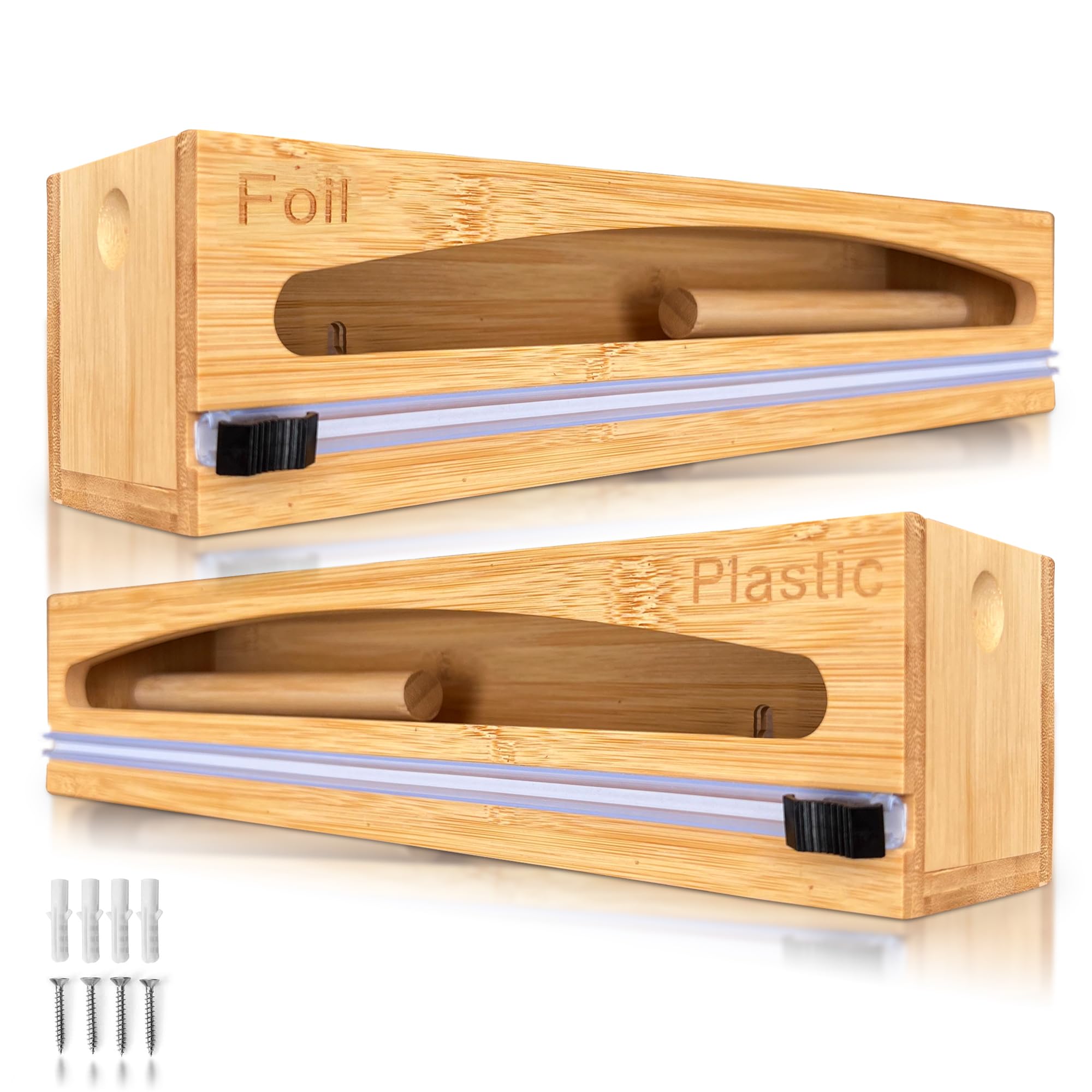 NovaNest wrap organizer with built-in cutter in assembly view for tidy storage