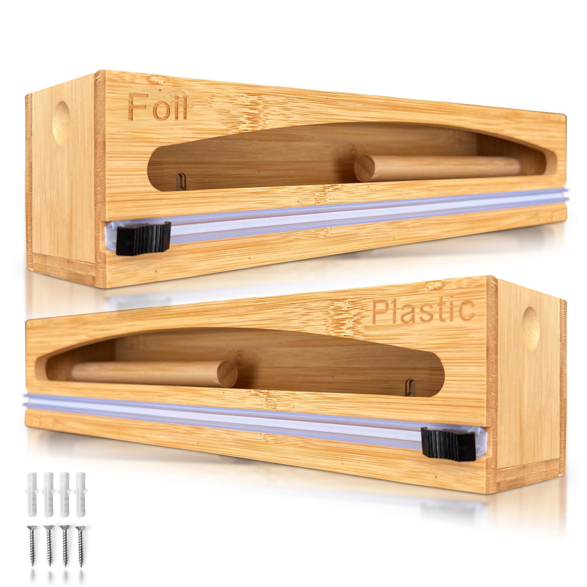 NovaNest wrap organizer with built-in cutter in assembly view for tidy storage