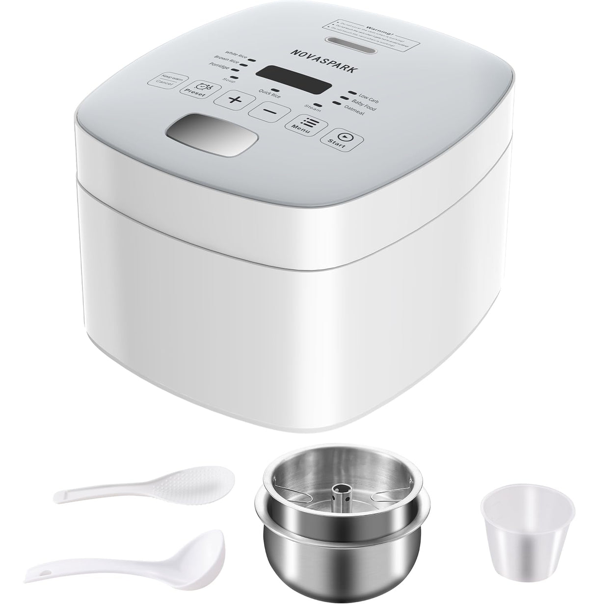 Novaspark low-carb rice cooker inner pot with stainless steel interior and easy cleanup.