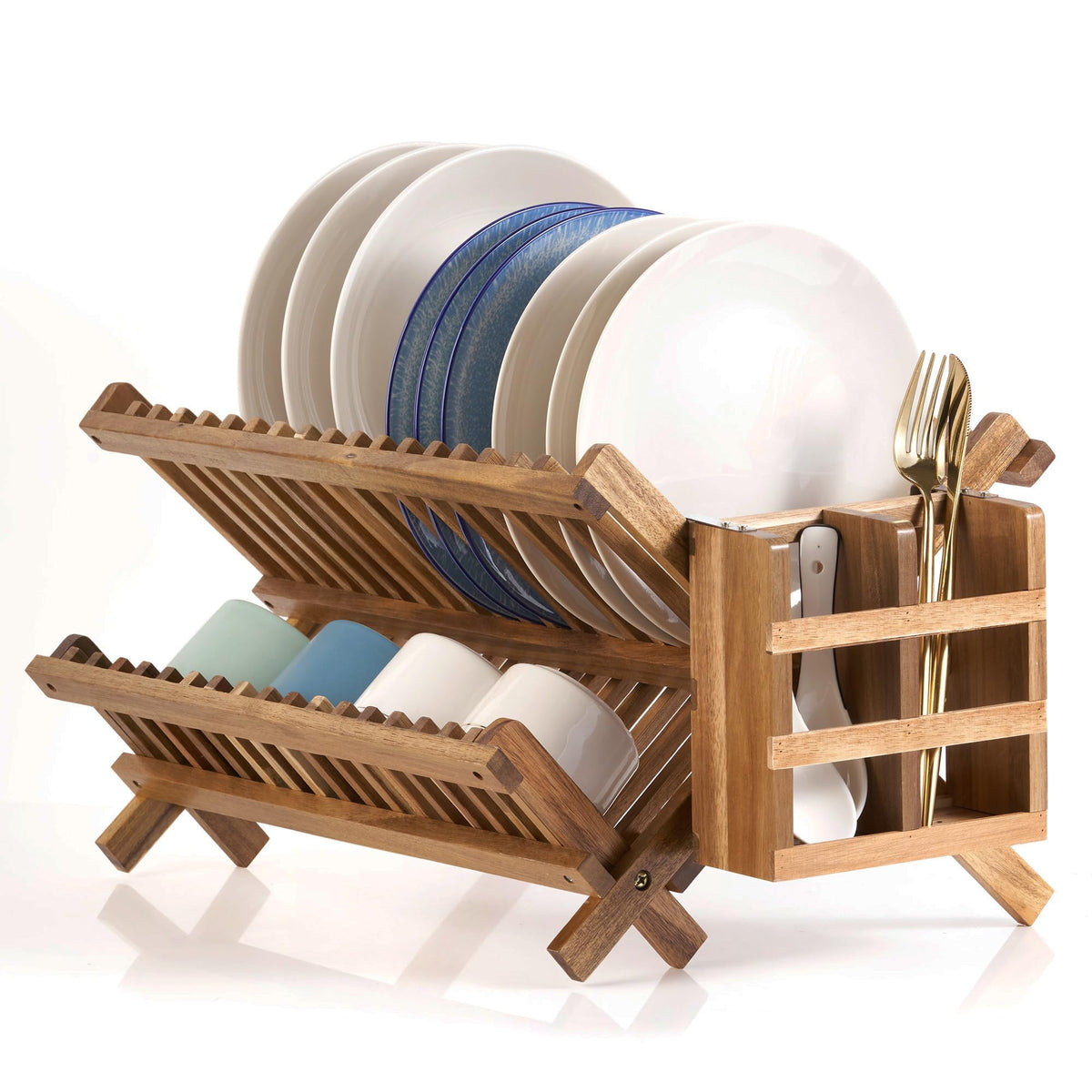 NOVAYEAH acacia dish rack with 2-tier design on counter for space saving.