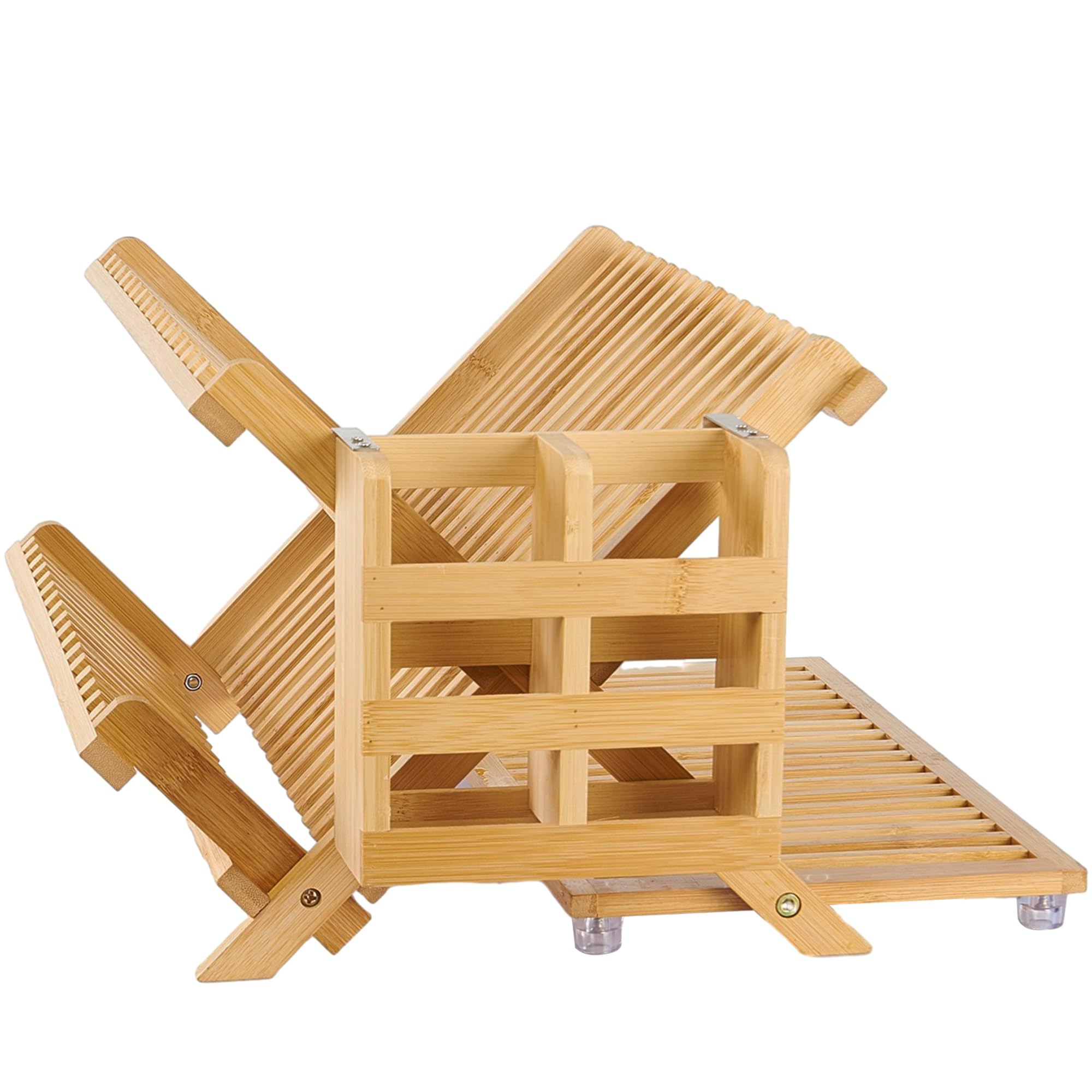 NOVAYEAH 3-tier bamboo rack with top-layer slots for large plates simplifies post-meal cleanup