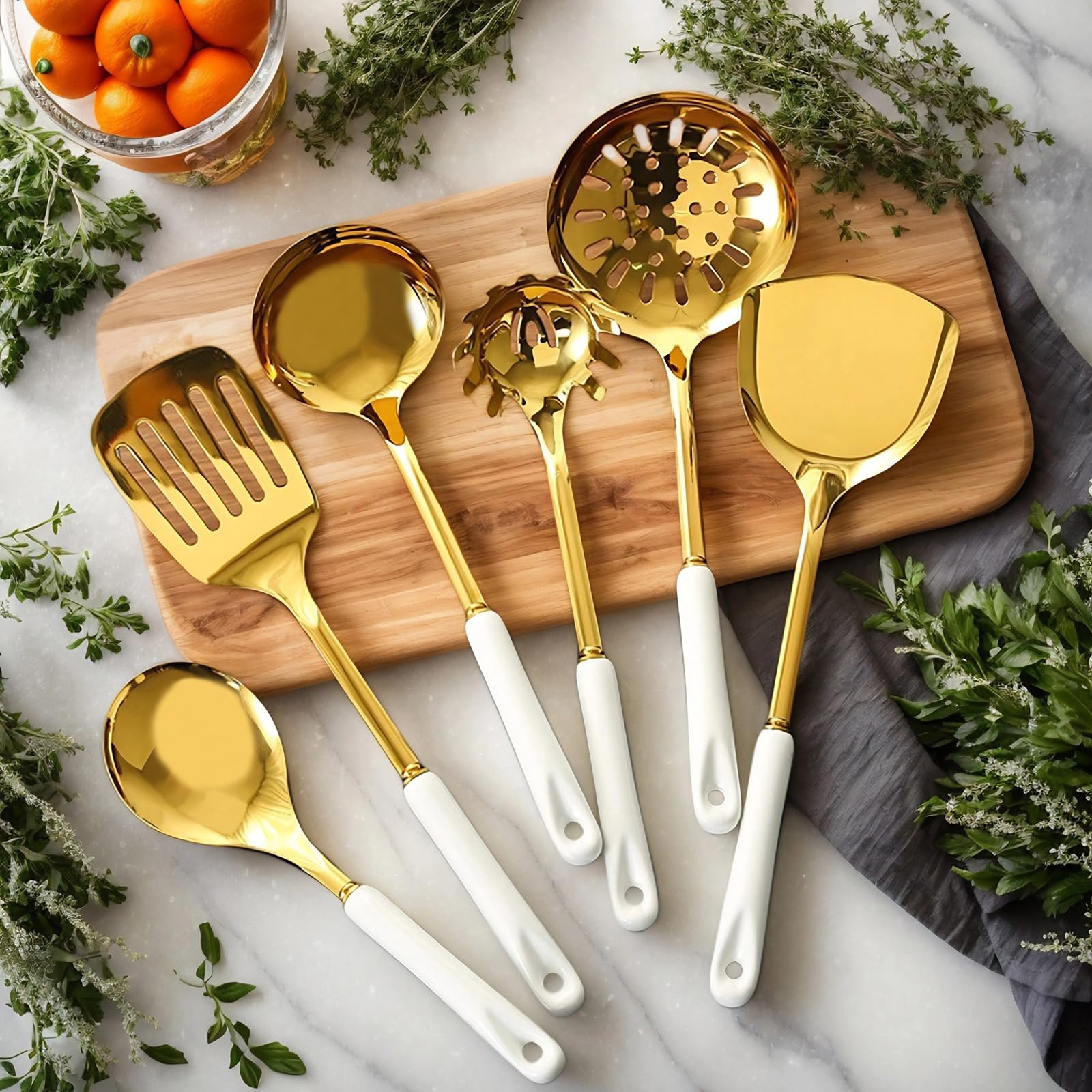 Novellus white-gold pasta spoon for serving and portioning pasta.