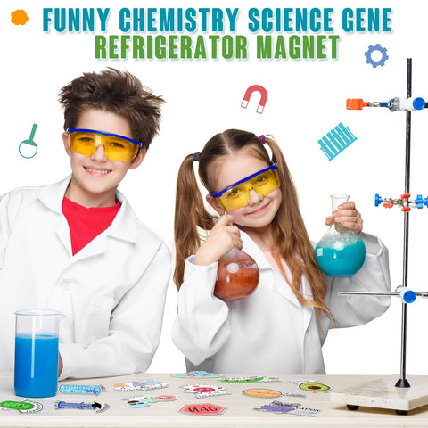 Noveread lab-themed magnets create a fun magnetic display for notes and photos.