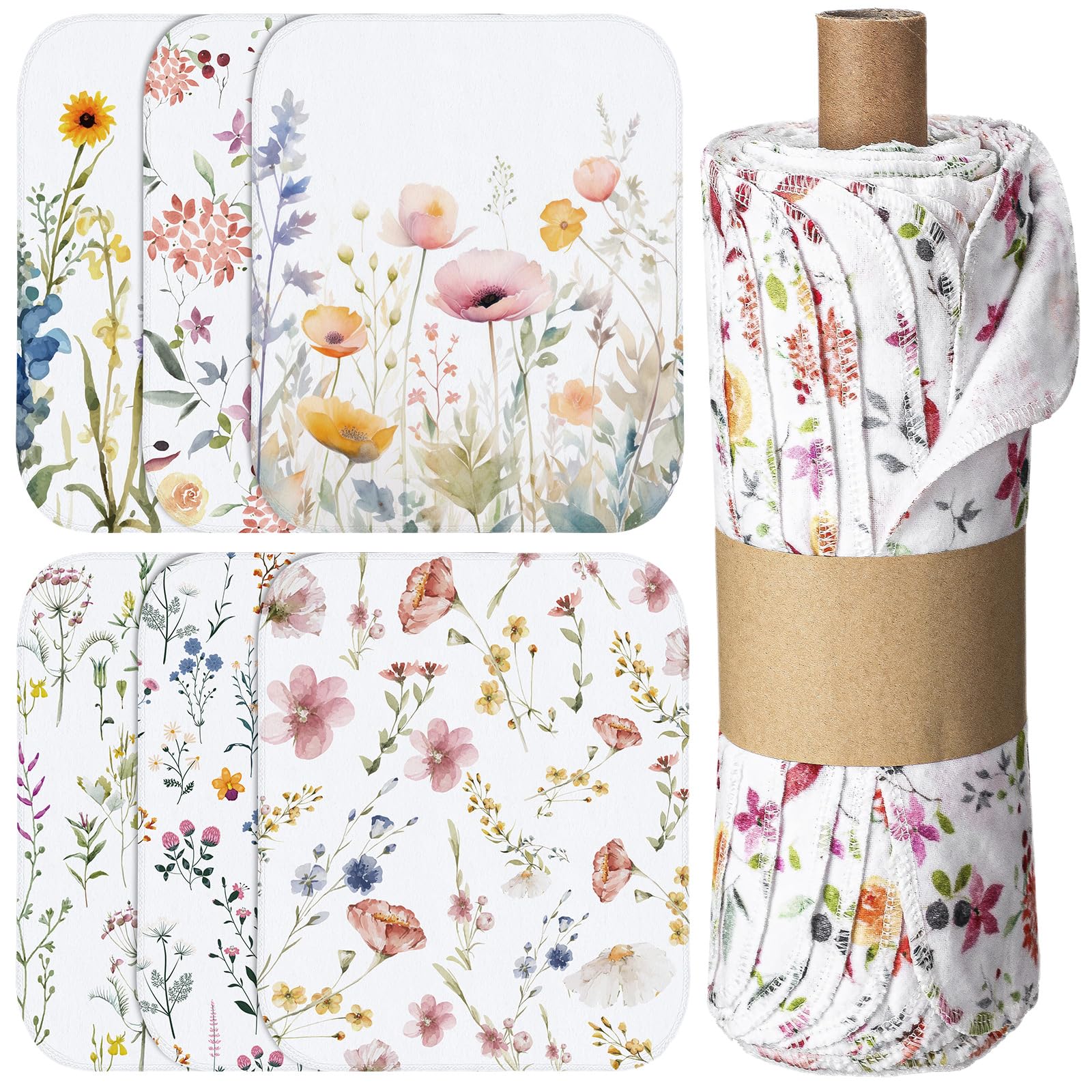 Noveread wildflowers 36-pack towels rolled on a tube, ideal for bulk kitchen prep.