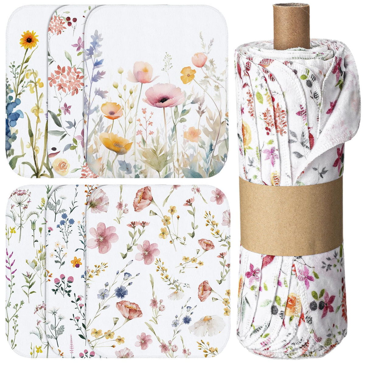 Noveread wildflowers 36-pack towels rolled on a tube, ideal for bulk kitchen prep.