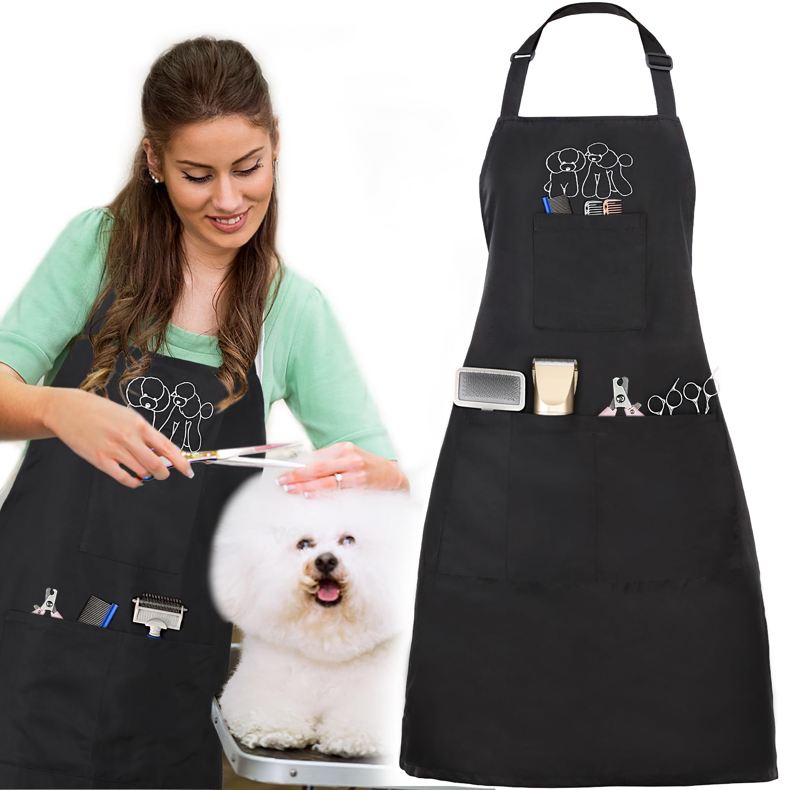 Noverlife dog grooming apron with 4 pockets keeps tools within reach.