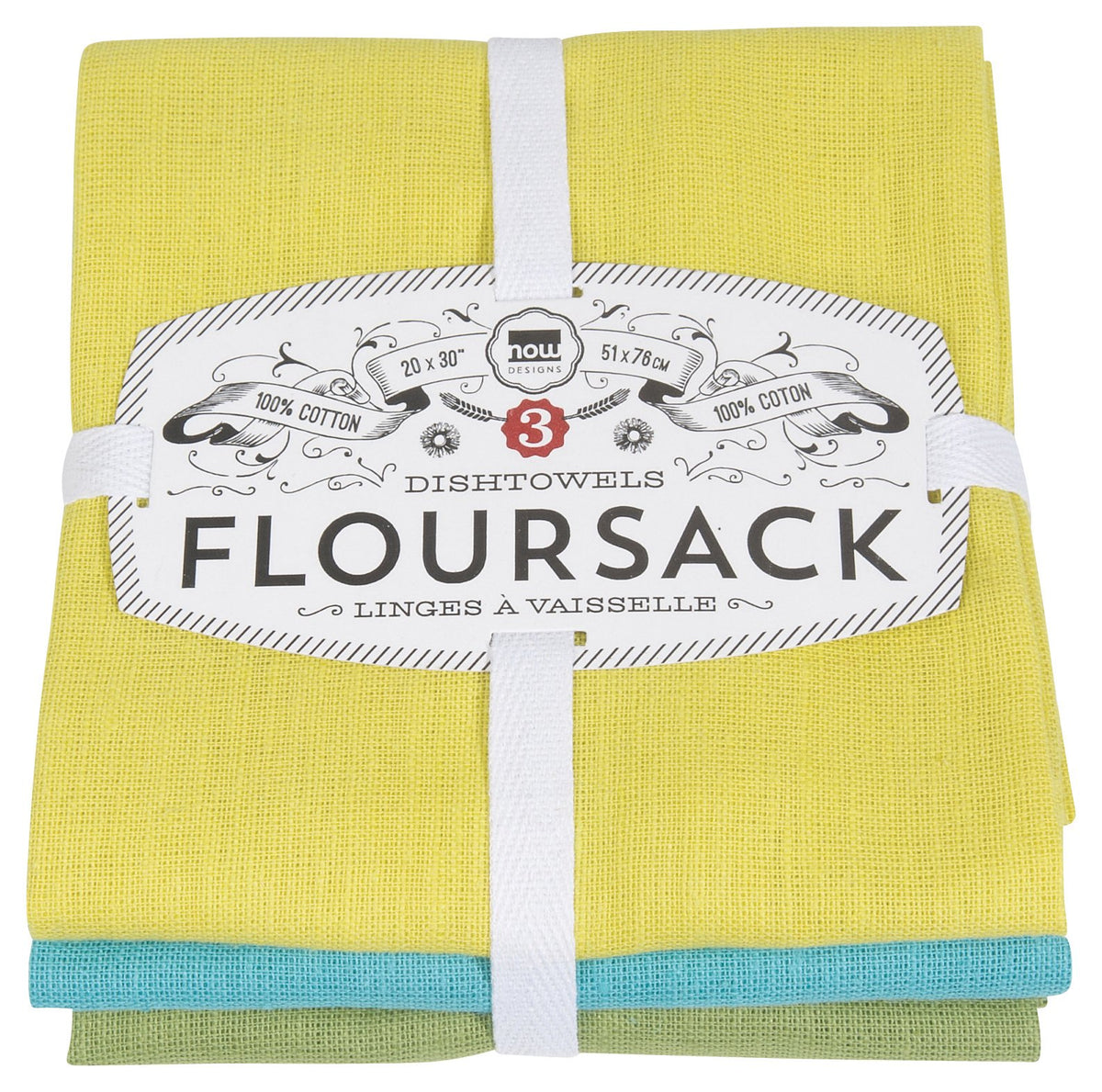 Now Designs flour sack towels in chartreuse turquoise and leaf dry glassware quickly