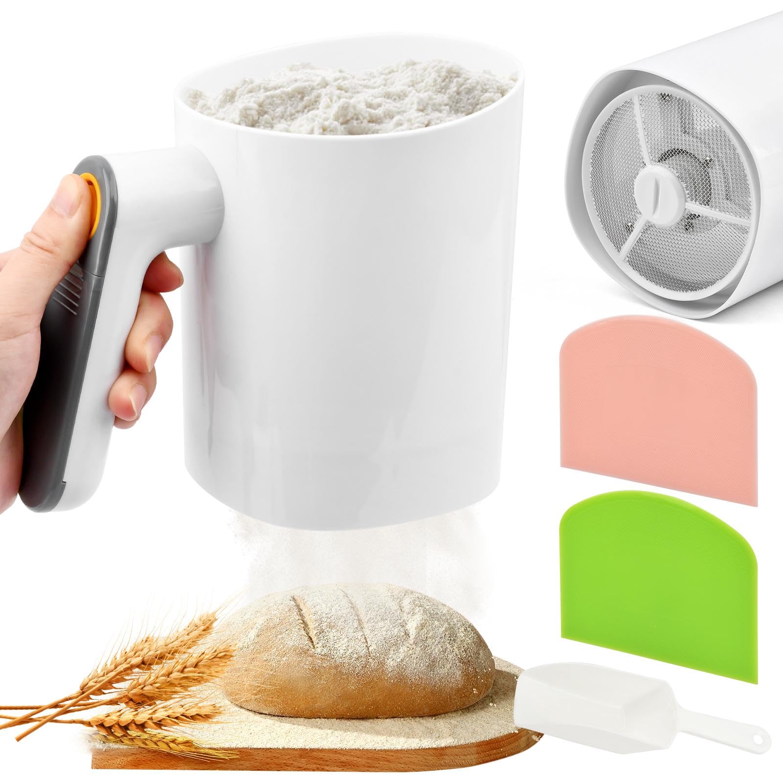 NOWHYX electric flour sifter in white with quick one-handed operation for baking prep.