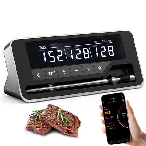 NoWoW Meat Thermometer displaying real-time temps with an 800ft range for better grilling control.