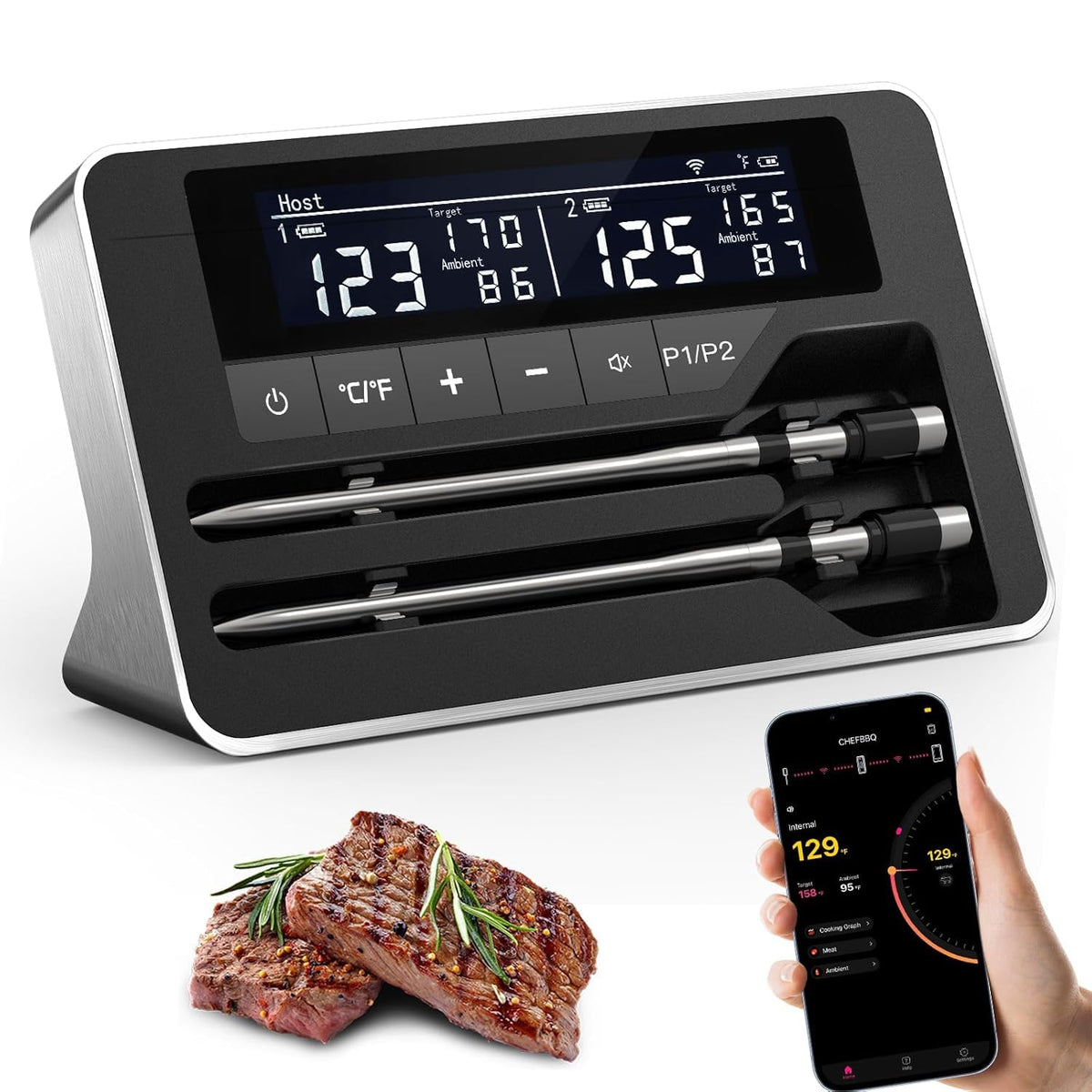 NoWoW dual-probes in use for precise real-time meat temps during grilling