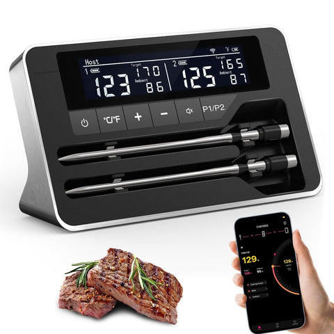NoWoW dual-probes in use for precise real-time meat temps during grilling