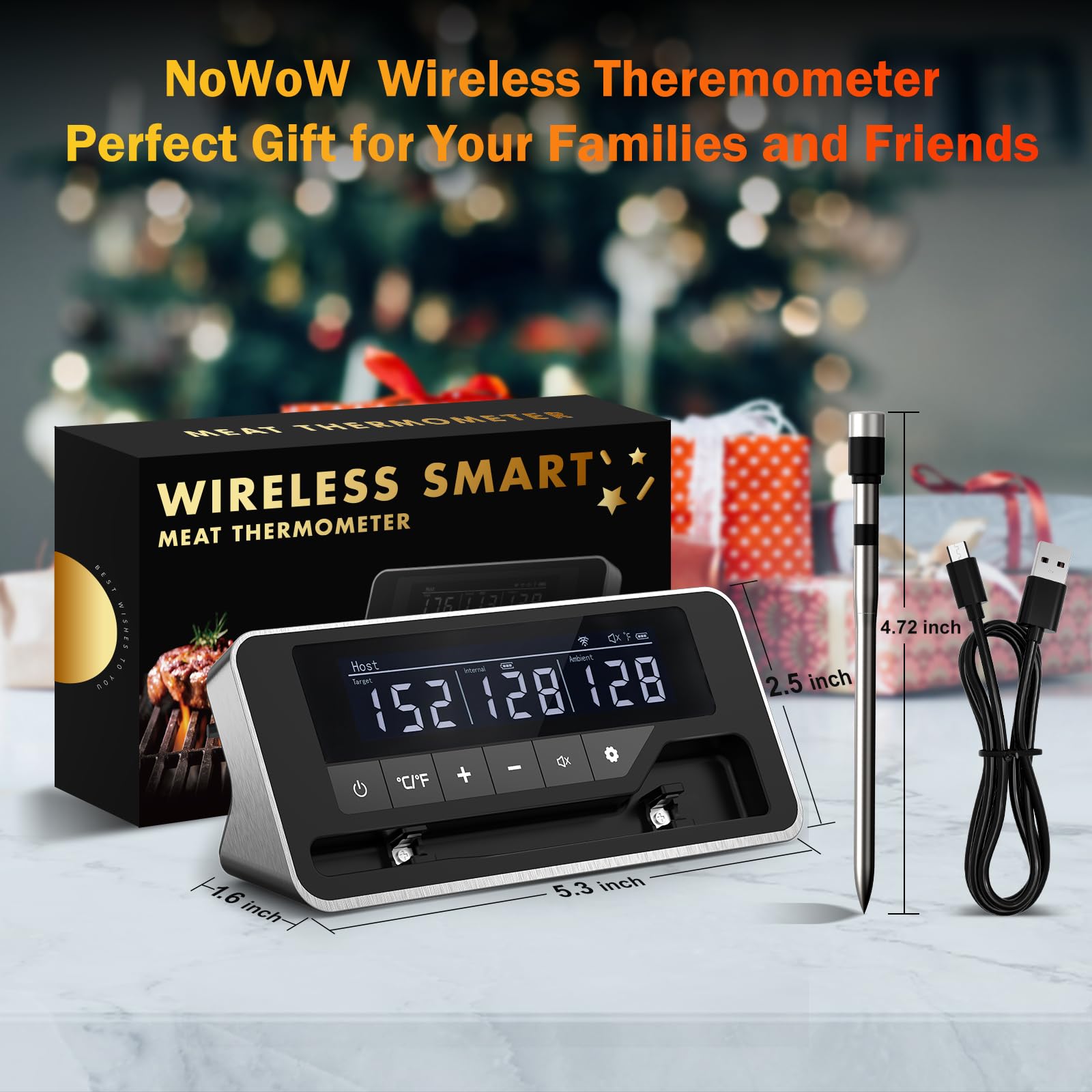 NoWoW USB-C charging details with long-lasting battery for outdoor cooking.