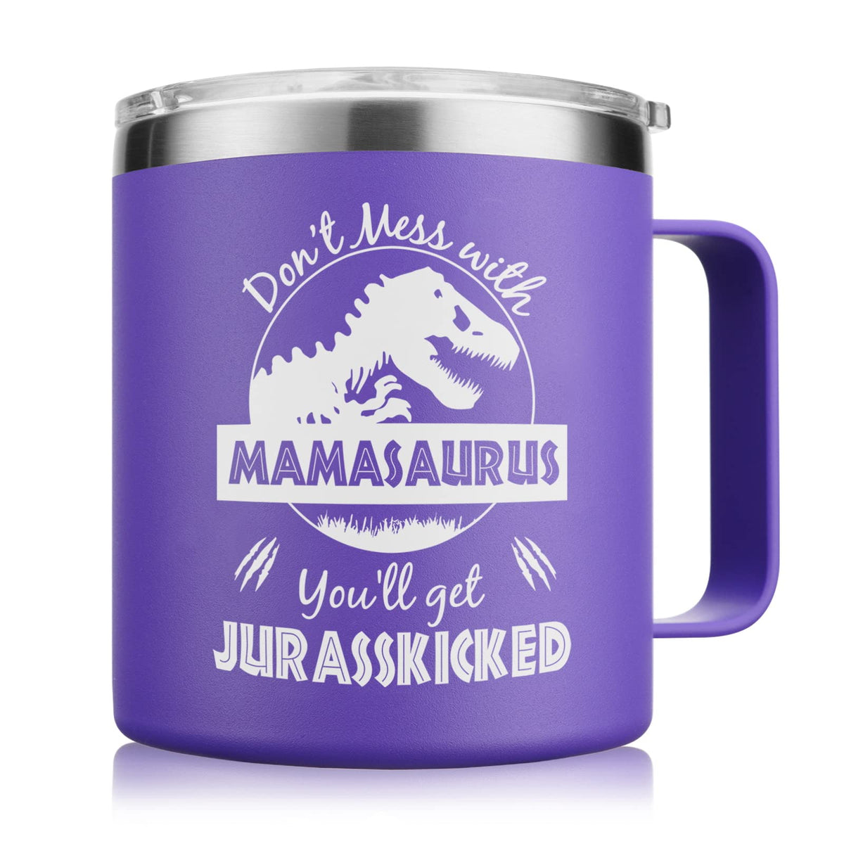 NOWWISH Mamasaurus mug 14oz with lid showcases bold design and hot coffee on the go