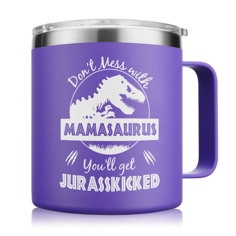 NOWWISH Mamasaurus mug 14oz with lid showcases bold design and hot coffee on the go
