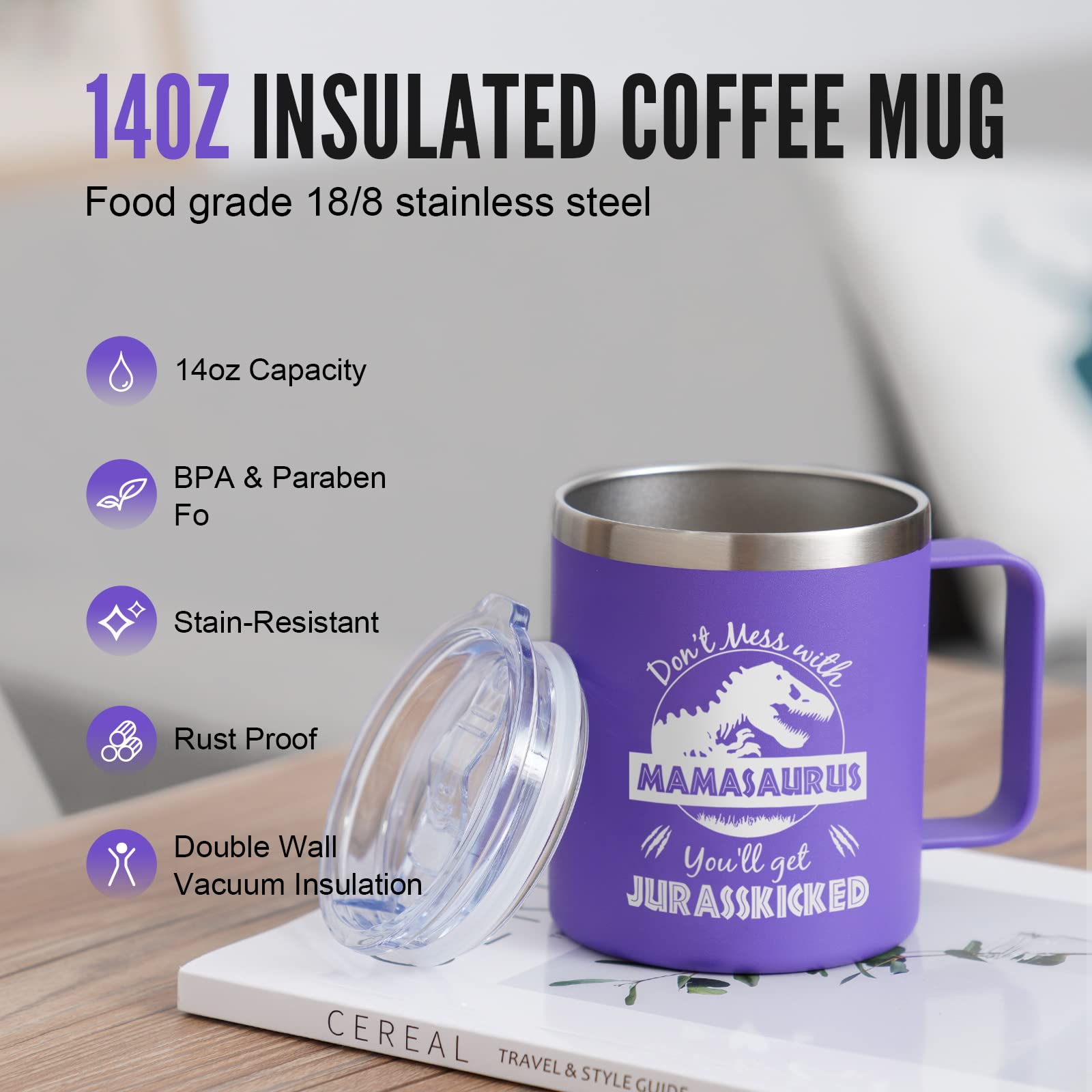 NOWWISH Mamasaurus mug with sweat-proof exterior for easy handling