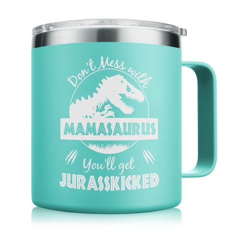 NOWWISH Mamasaurus tumbler 14oz with lid keeps drinks hot or cold for hours.