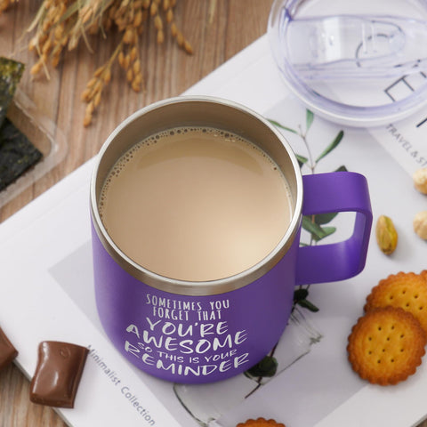 NOWWISH purple mug features fade-resistant print for long-lasting inspirational messaging.