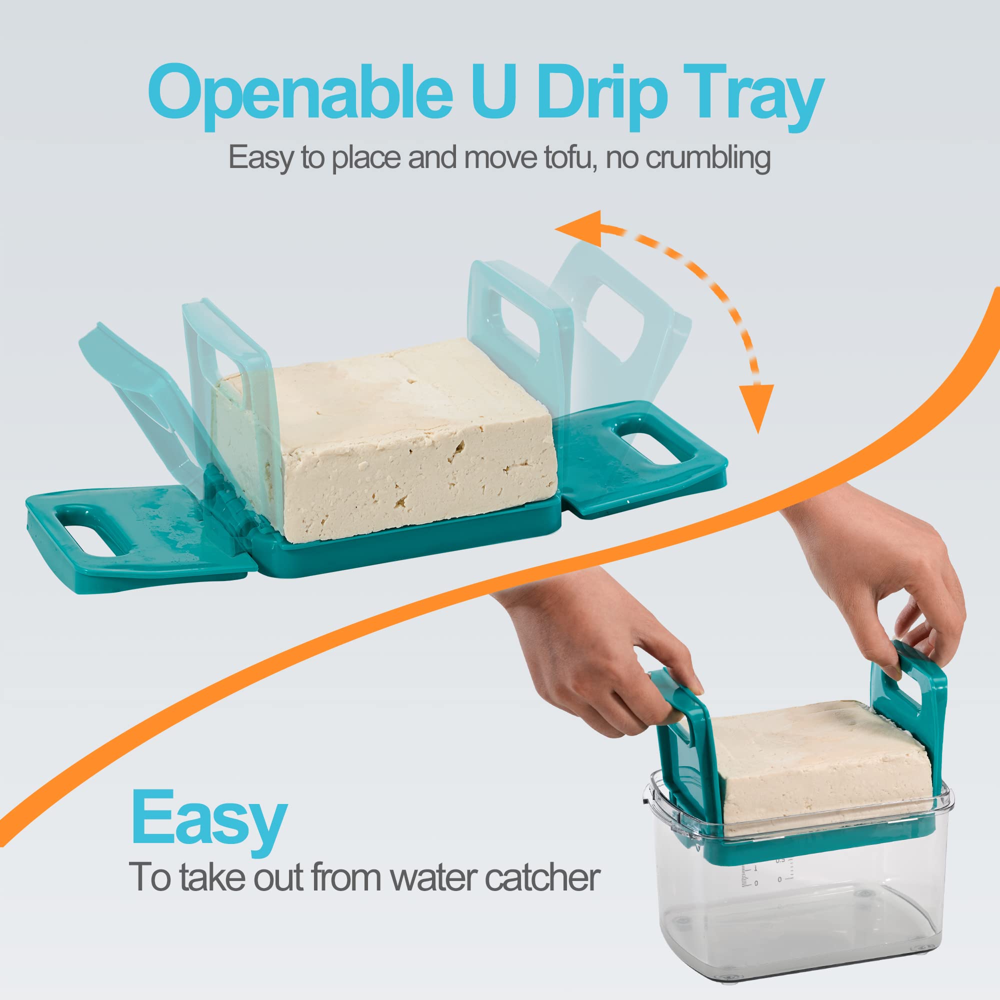 NOYA tofu press openable U tray keeps tofu intact during draining.