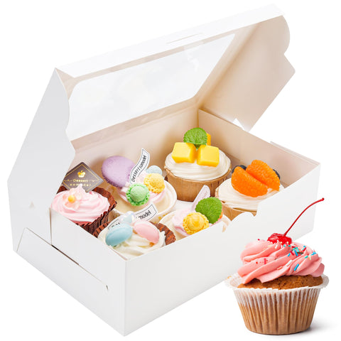 NPLUX cupcake box with window front displaying cupcakes and freshness