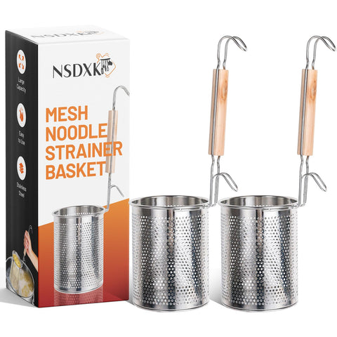 NSDXK pasta basket with stainless steel mesh and wooden handle for safe boiling
