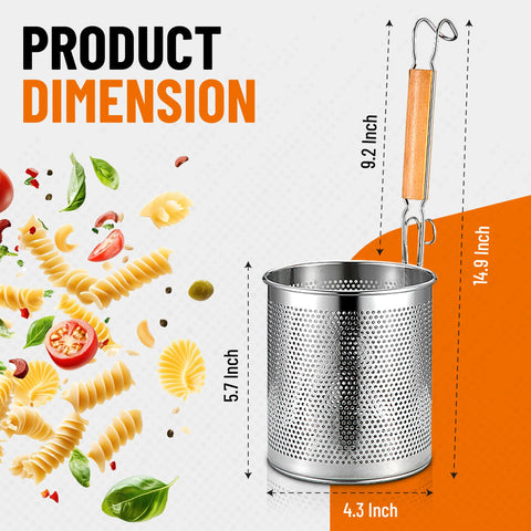 NSDXK pasta basket shows wooden handle for comfortable grip during cooking