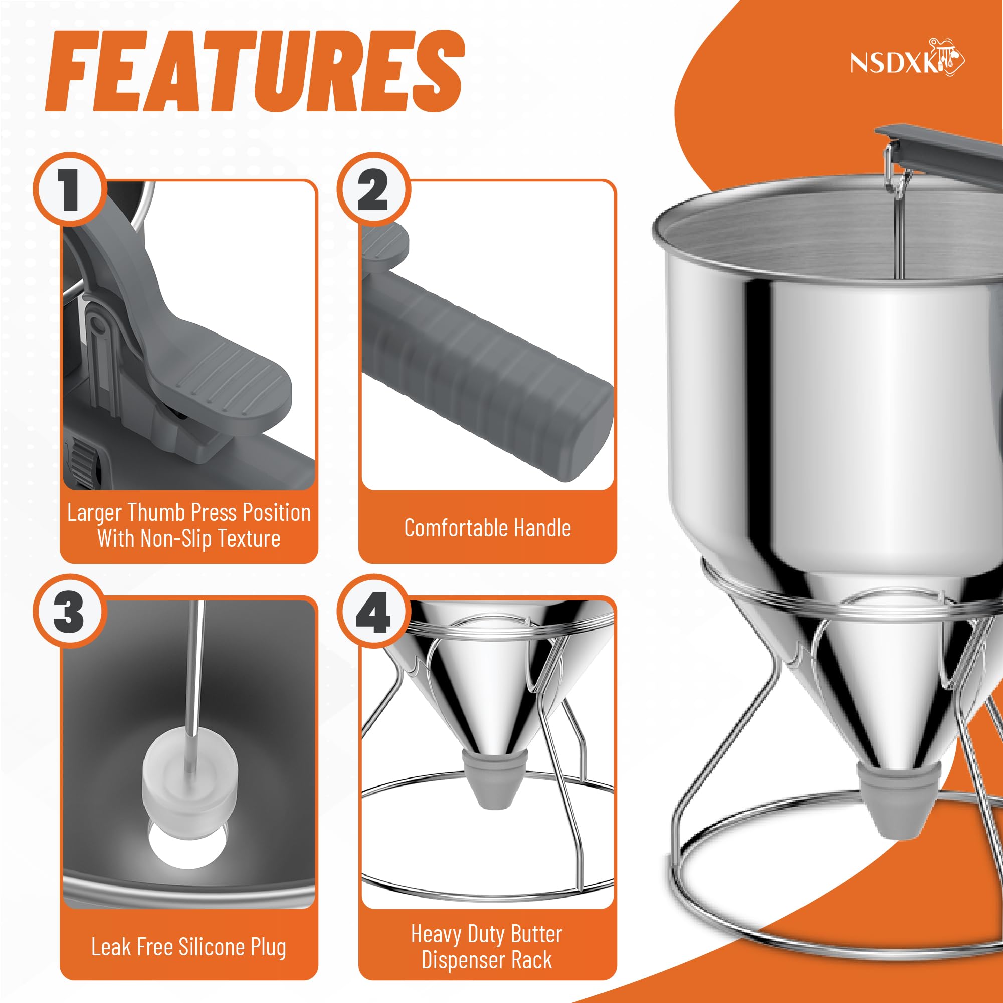 NSDXK silicone nozzles provide versatile flow for different batter textures.