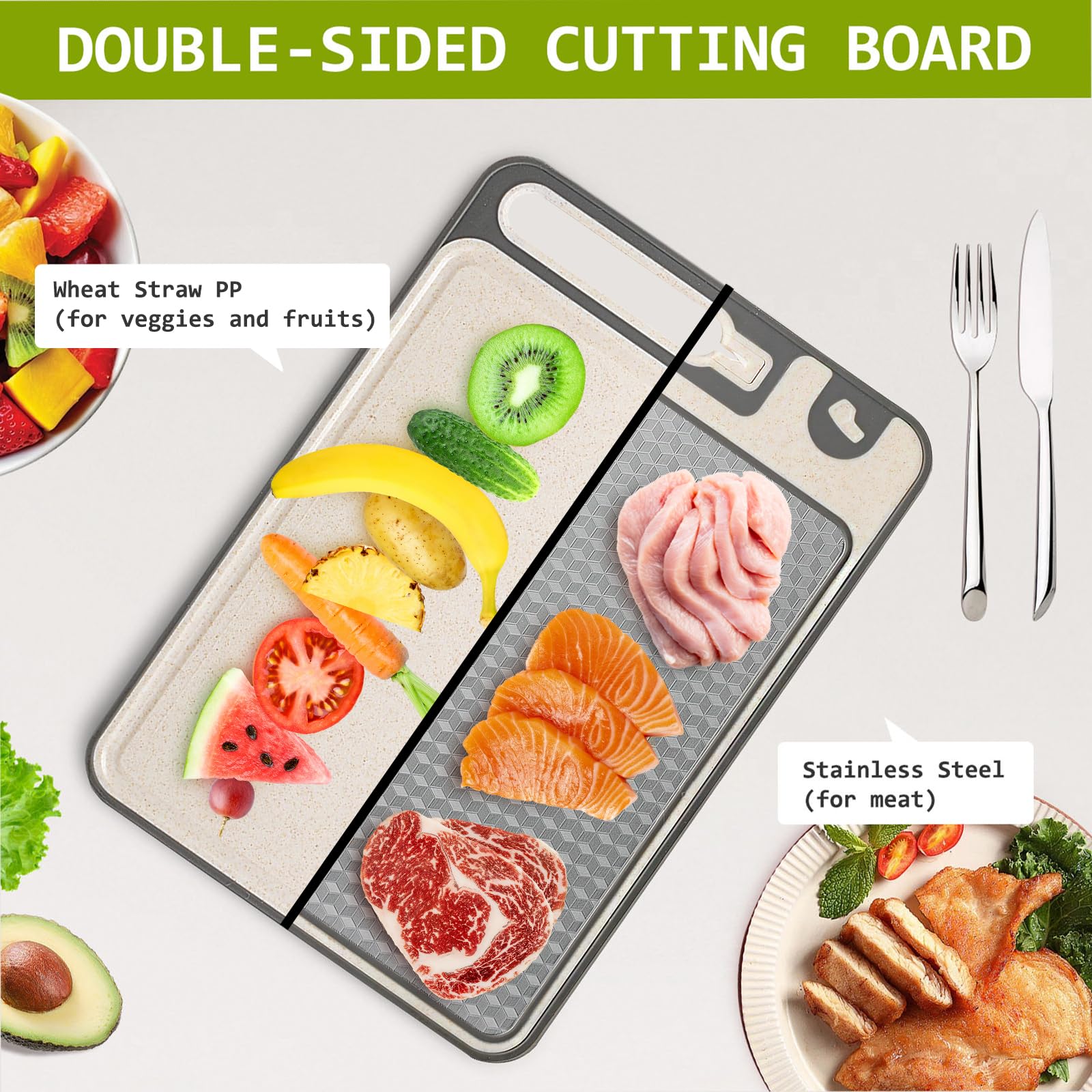NTIERA steel-side cutting board for raw meat prep and precise cuts.