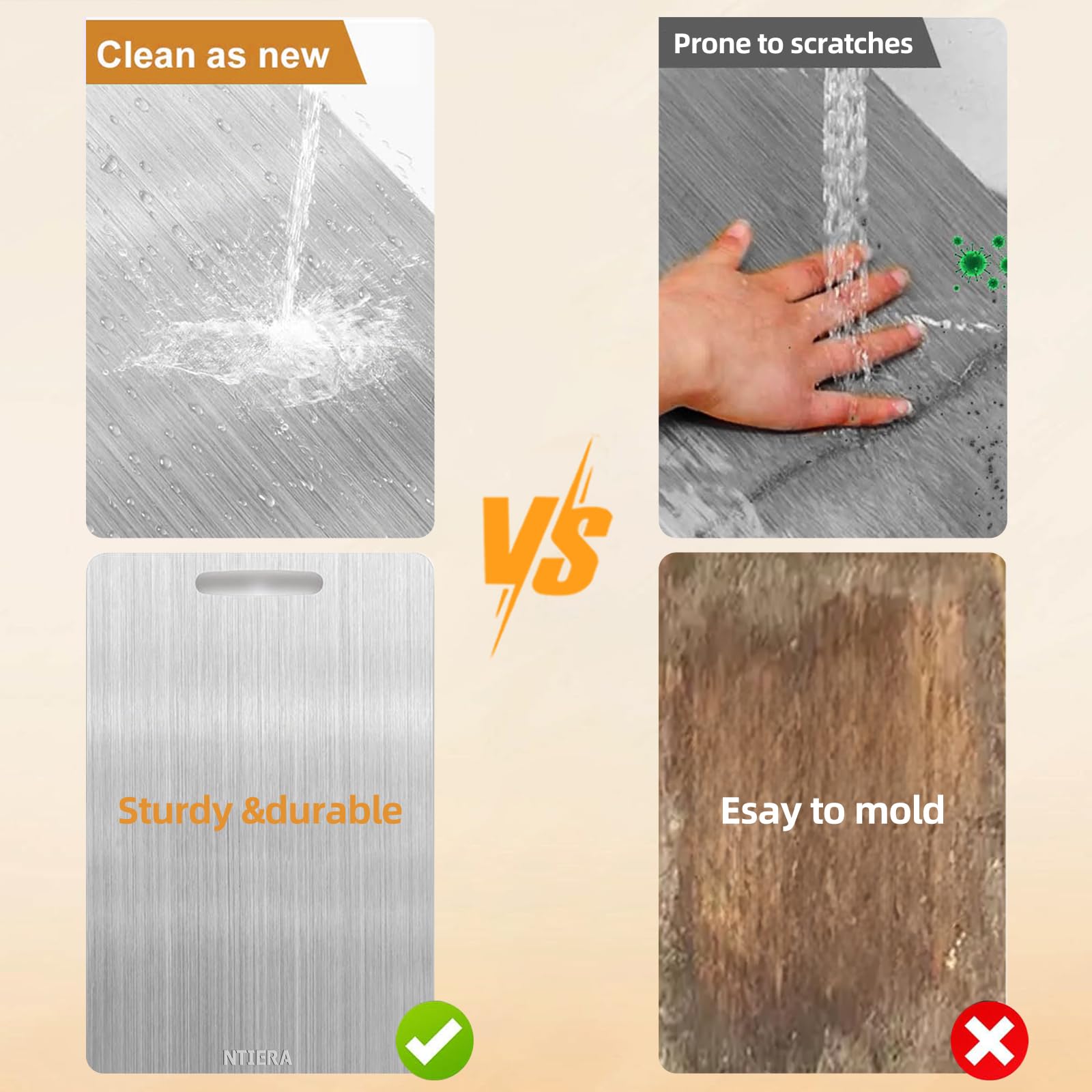 NTIERA titanium cutting board double-sided in the kitchen for versatile prep.