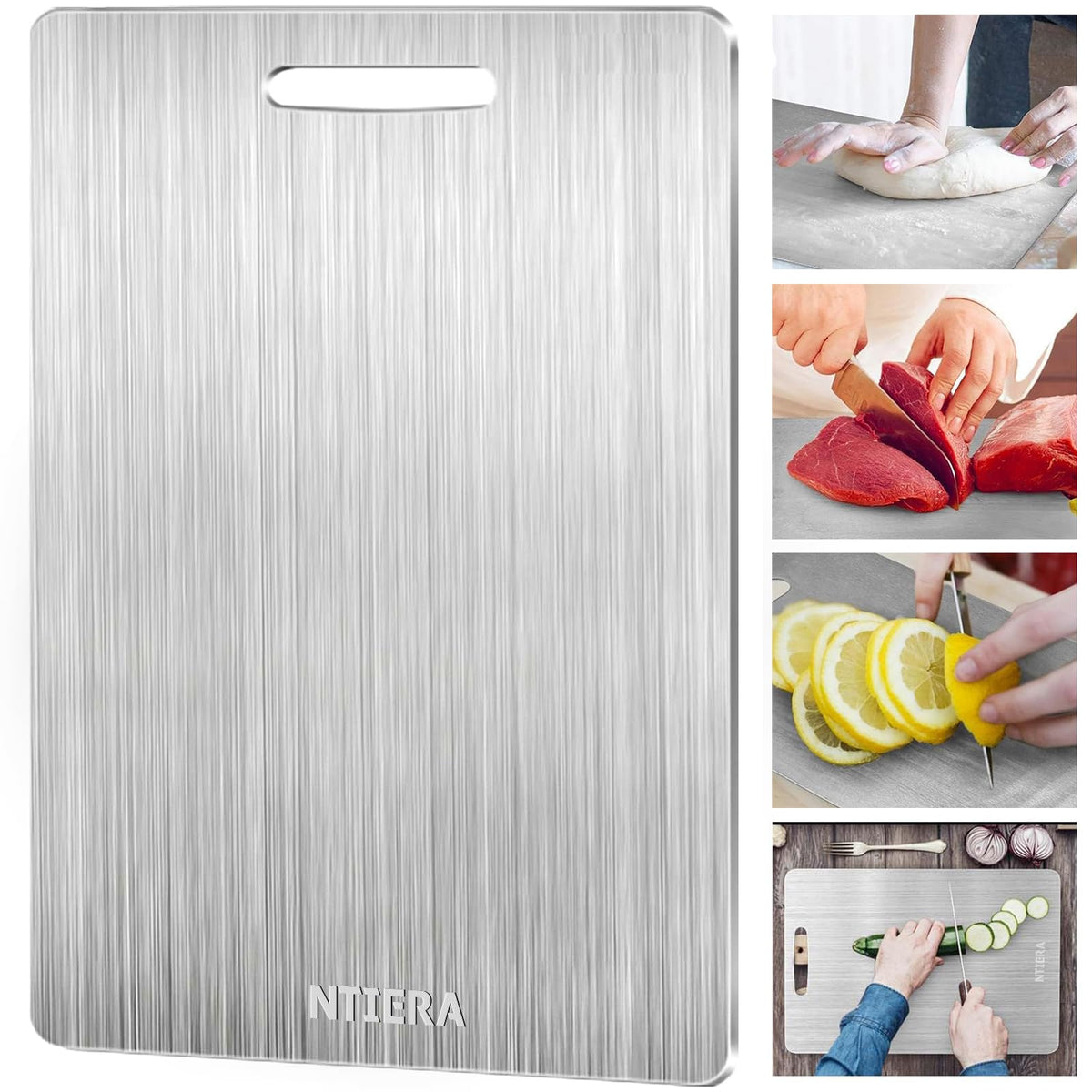 NTIERA titanium cutting board XL smooth nonporous surface ideal for quick cleanup.