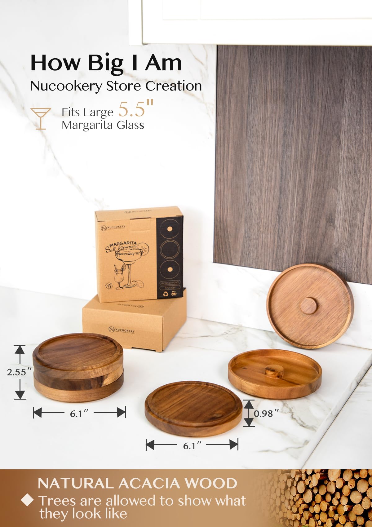 Nucookery acacia wood salt-sugar rimmer highlighting natural grain and sturdy storage.