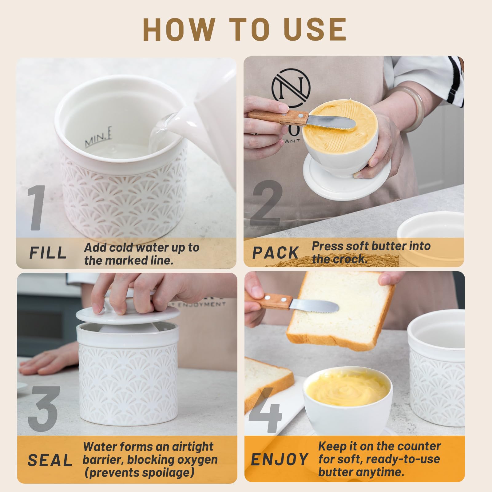 Deep base design helps prevent smearing while butter remains soft.