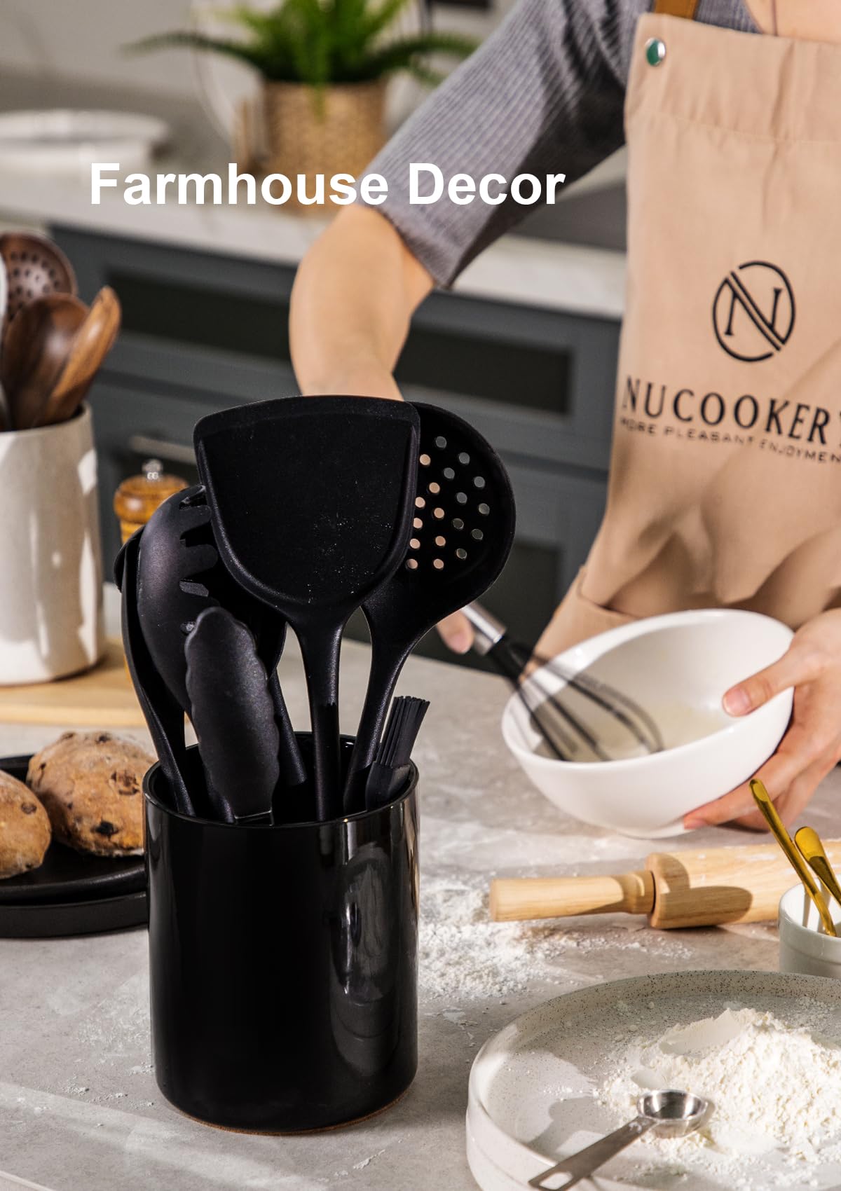 Nucookery farmhouse inspired design enhances kitchen decor on countertops.