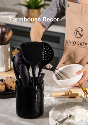 Nucookery farmhouse inspired design enhances kitchen decor on countertops.
